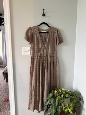 Christy Dawn Taupe Brown Short Sleeve Wrap Midi Dress